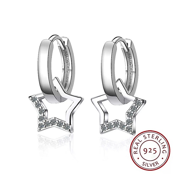 NEW 2‎ Way 925 Sterling Silver Star Huggie Hoop Dangle Earrings - Picture 1 of 12